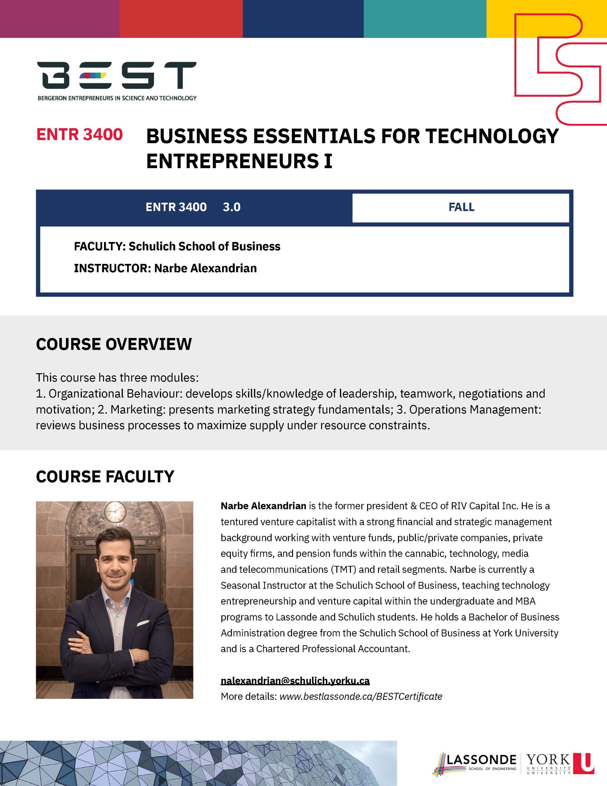 ENTR 3400 
Business Essentials for Technology Entrepreneurs I (poster)