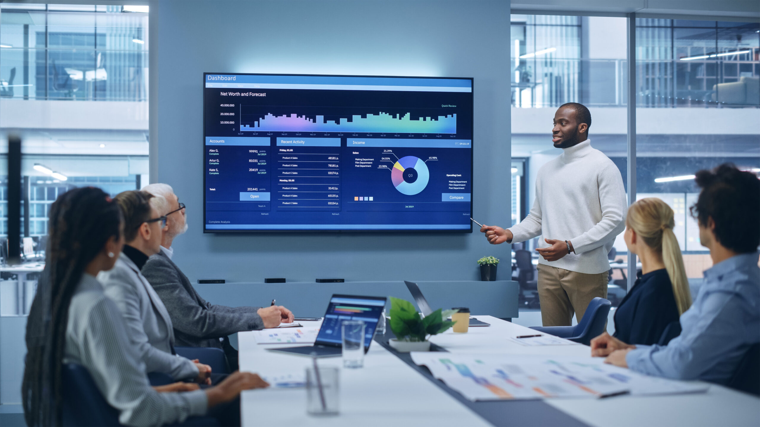 conference room, big data presentation, on screen charts