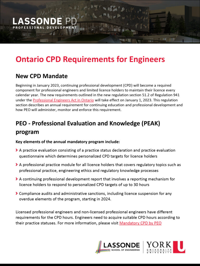 Lassonde Professional Development, 2-page brochure: Ontario CPD Requirements for Engineers
