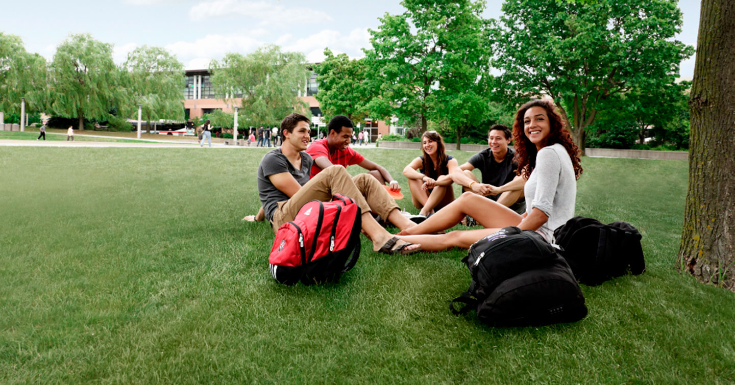 students hanging out on grass