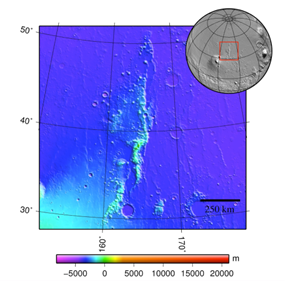 A long mountain chain with abundant evidence of present-day glaciers and buried ground ice at Phlegra Montes. The low latitude of Phlegra Montes and presence of accessible ice makes this a potential site for human exploration and colonization.