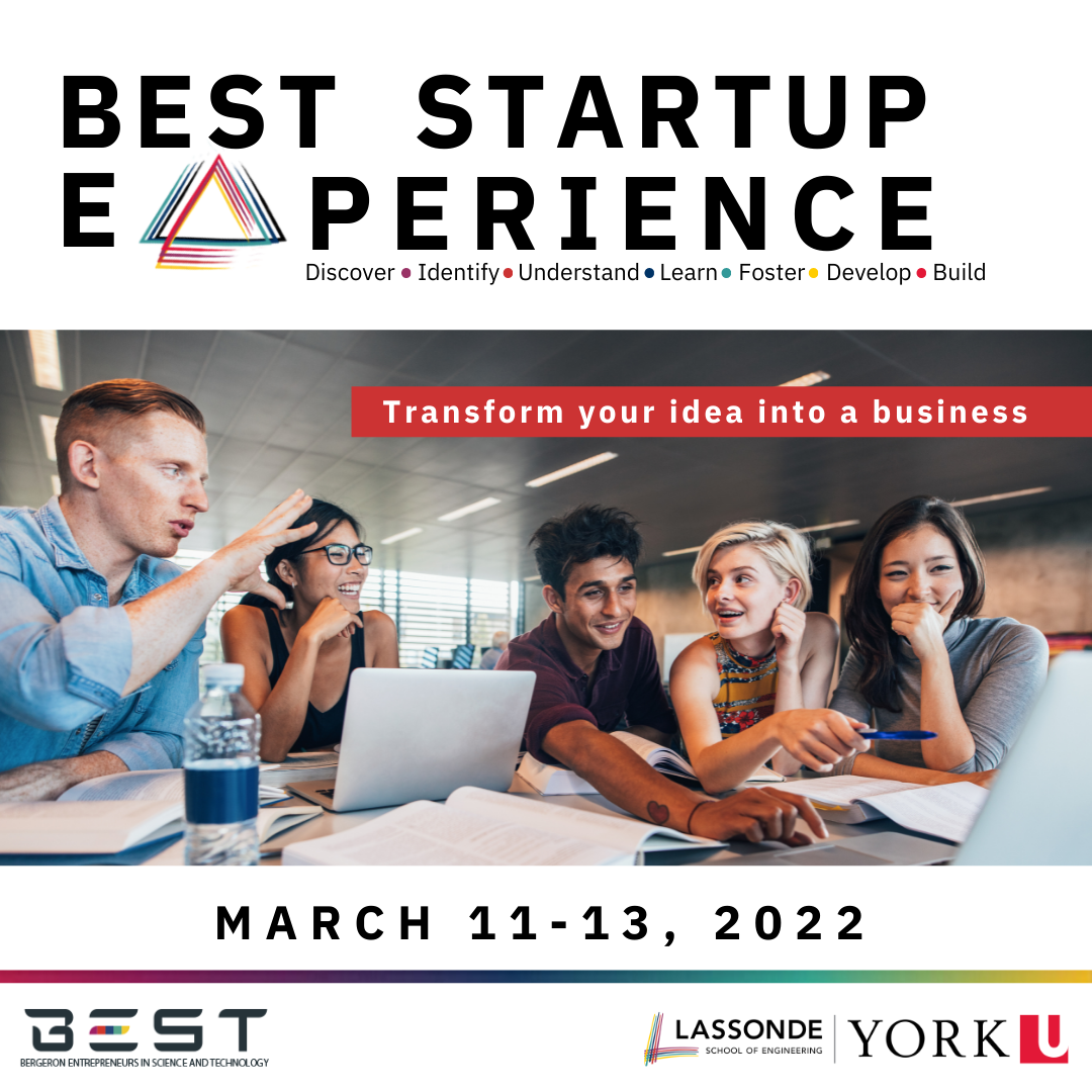 Best Startup Experience event poster with students collaborating around a laptop