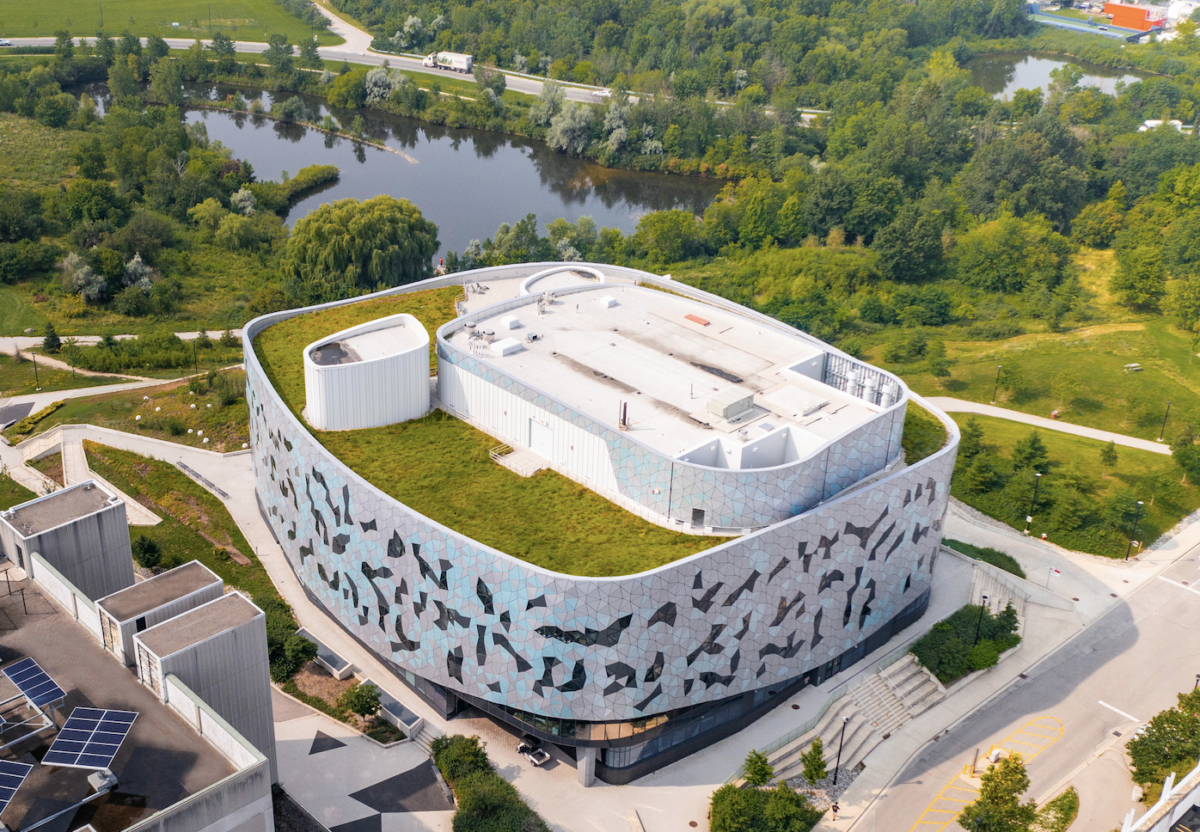 An aerial shot of the Bergeron Centre for Engineering Excellence surrounded by a pond and greenery