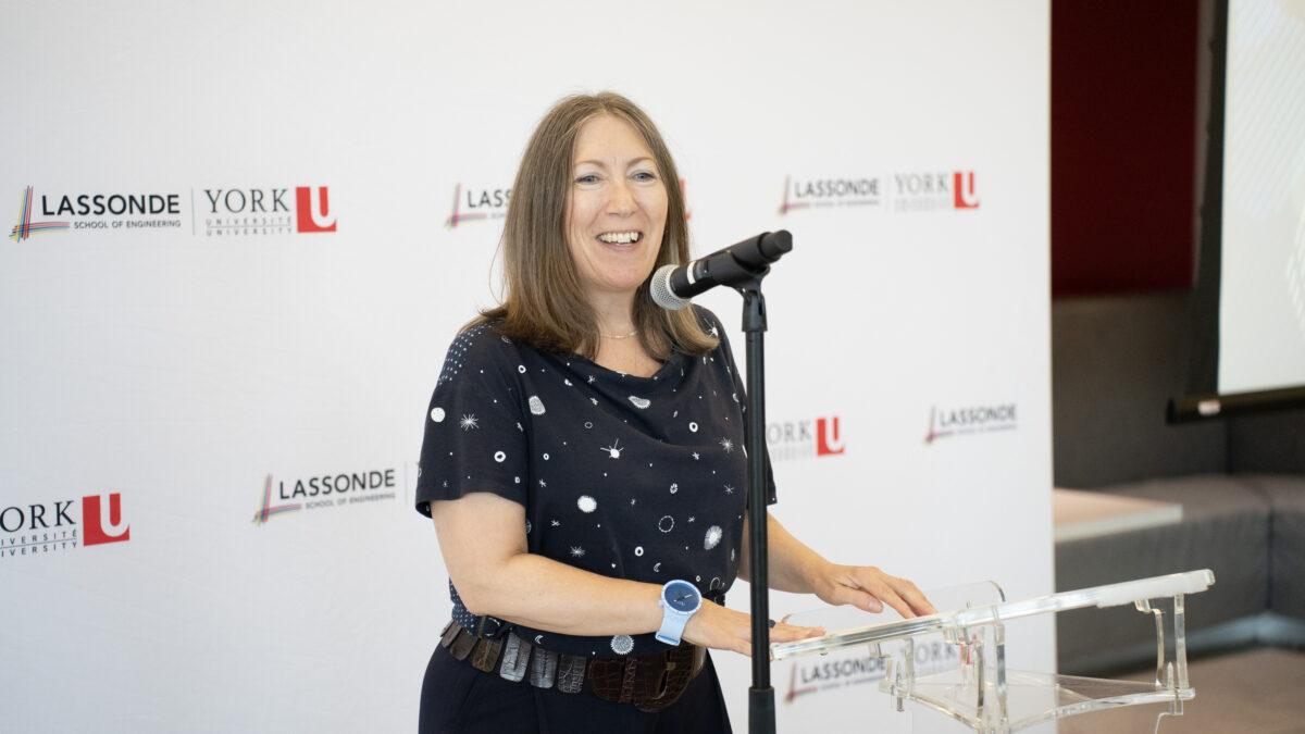 Dean Jane Goodyer welcoming guests at the Lassonde Awards Ceremony. 