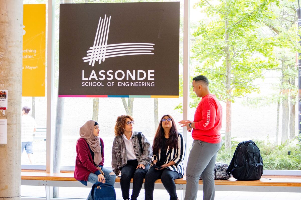 A diverse group of Lassonde students hanging out in the Lassonde building