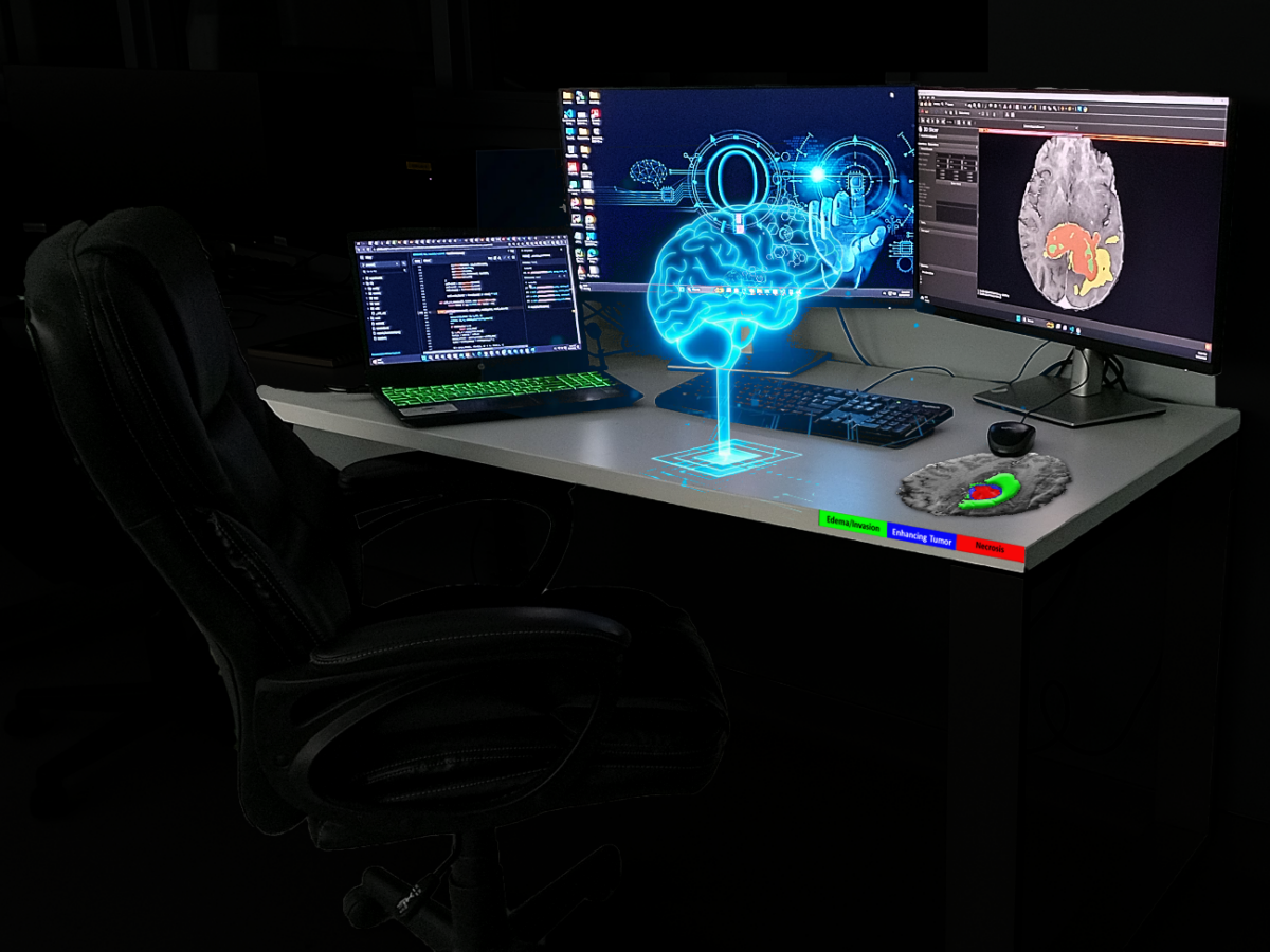 research photo contest: Glowing brain on desk, along with brain-shaped mousepad