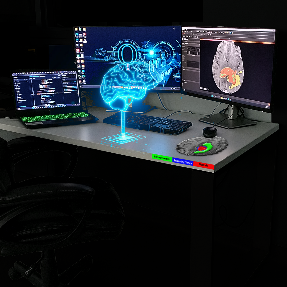Glowing brain on desk, along with brain-shaped mousepad