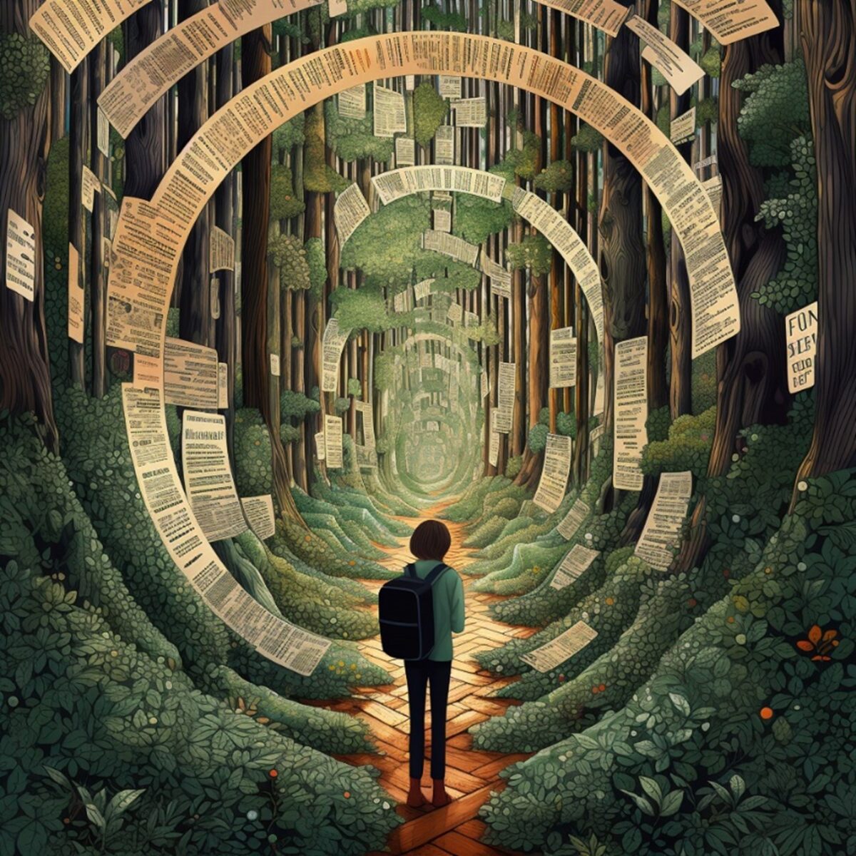 Illustration of dense forest with scrolls instead of trees