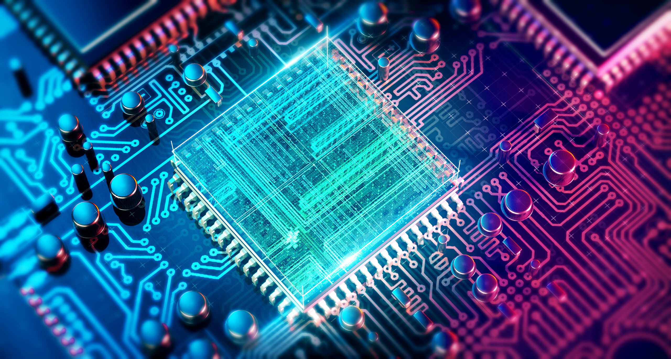 Circuit board lit up in various colours