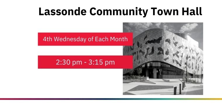 Lassonde Community Town Hall Event Poster with photo of the Bergeron Centre