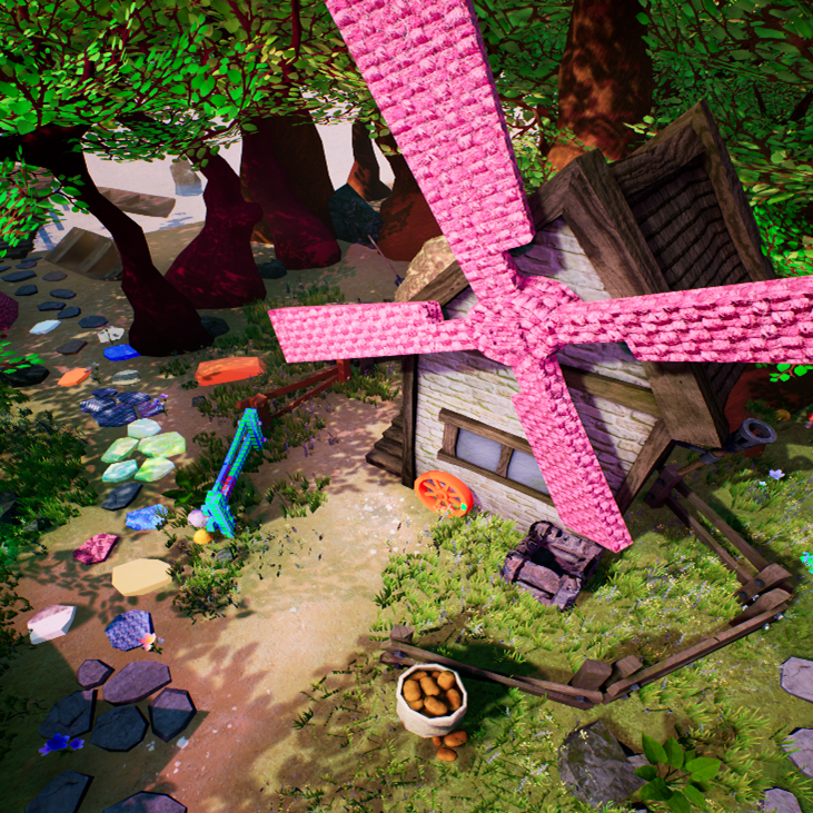 computer-generated image showing a very colorful environment and a vibrant link windmill