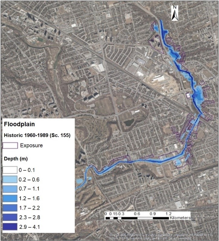 chart displaying information on rainfall and its effects on floodplain depth in the Rockcliffe-Smythe neighbourhood in Toronto from 1969 to 1989