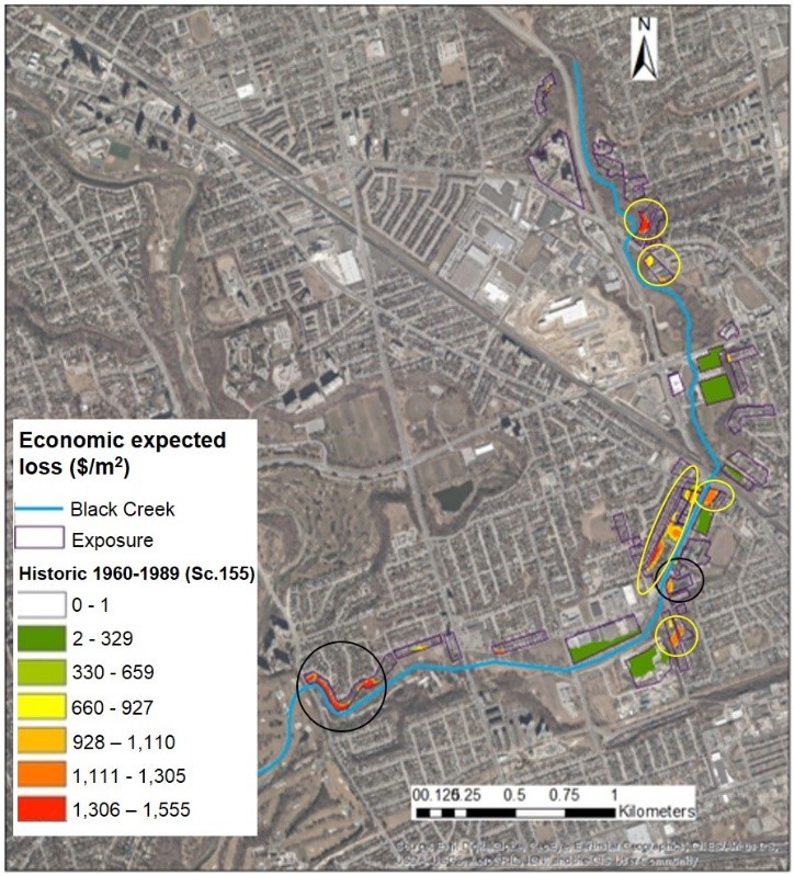 chart outlining economic cost of flood damage for the Rockcliffe-Smythe neighbourhood in Toronto from 1969 to 1989