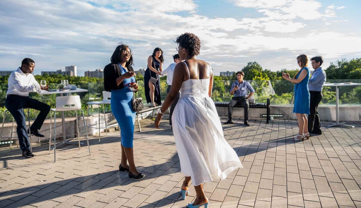 Guests mingling on the Bergeron Centre terrace