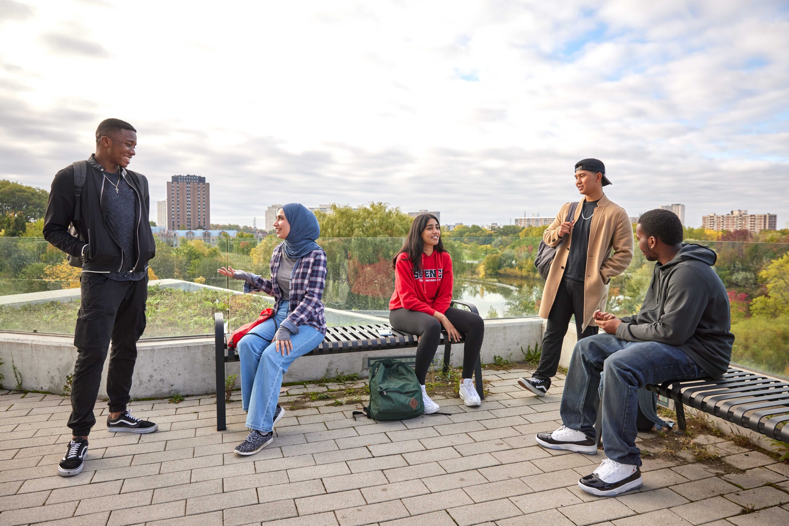 York Students hanging out on the balcony