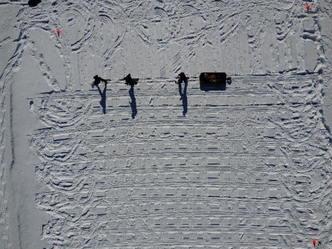 Overhead view of York University students completing a grid for their ground penetrating radar survey at the calibration site. 