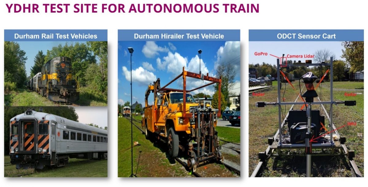 Images of the 16.7 km section of rail on York-Durham Heritage Railway (YDHR) in Durham where Prof. Sohn, his team and Thales are testing their Obstacle Detection, Classification and Tracking (ODCT) perception functions via a custom sensor cart.