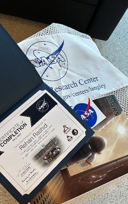 NASA internship completion certificate and poster.