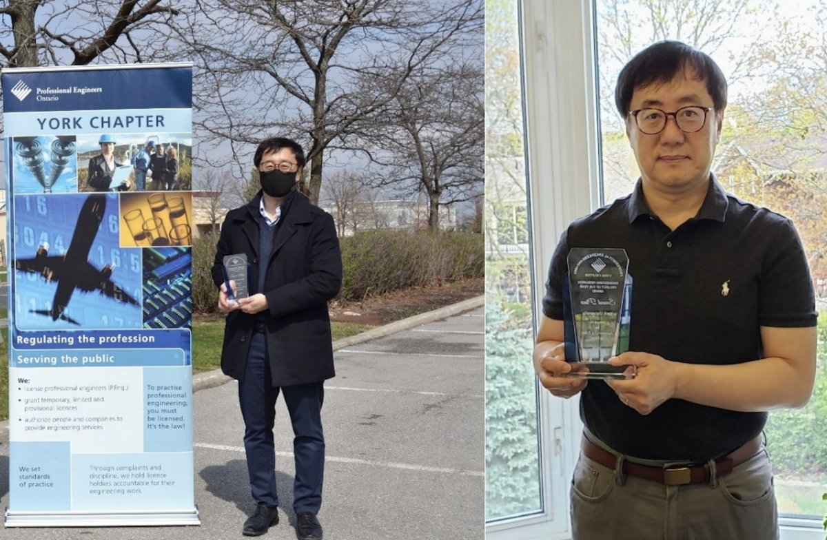 Professor Sohn receiving his award outside the PEO York Chapter (left) and inside his home (right)