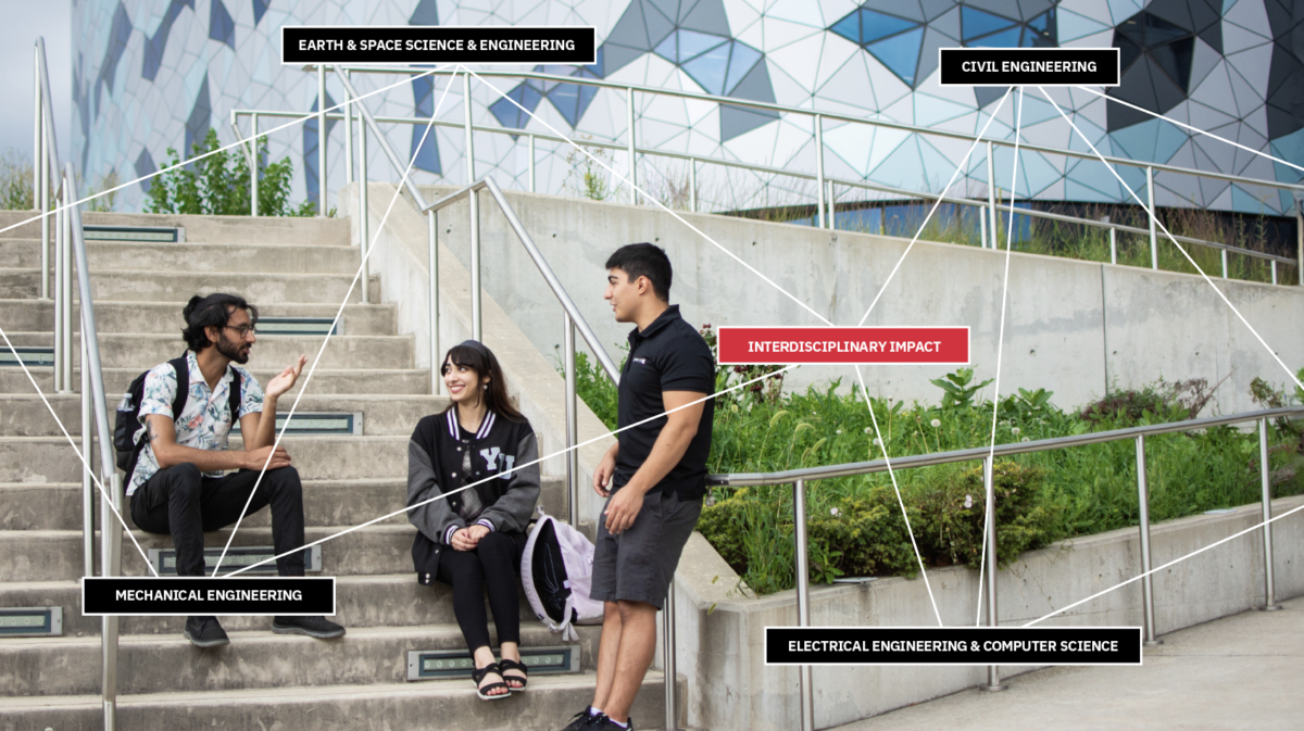 Lassonde 2023 impact report cover - three lassonde students chatting at the stairwell outside of the bergeron centre