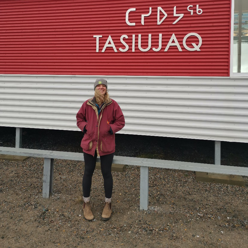 Caroline Duncan in front of the airport at Tasiujaq