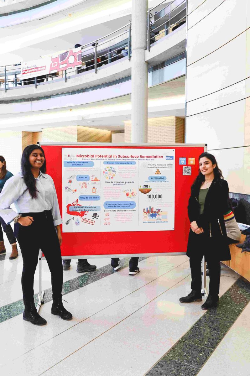 Graduate students from Lassonde, Ginelle Aziz (Msc candidate) and Gurpreet Kaur (PhD candidate), posing in front of their research poster.