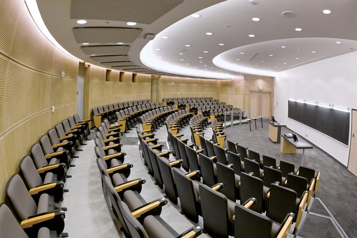 York University, Life Sciences Building, interior of lecture hall theater with advanced audio-visual and lighting systems