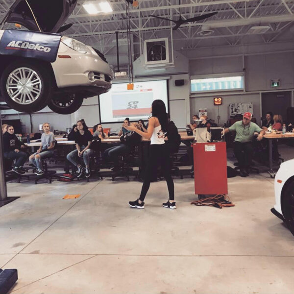 Jowana Burgan, a graduate of Lassonde Mechanical Engineering, organized the Girls Mechanic Team (GMT) workshop for aspiring female mechanics, a group of female students in GMT car repair workshop