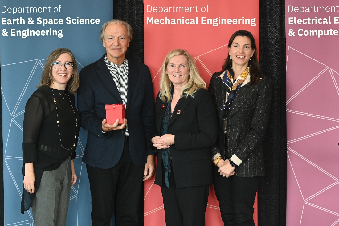 November 1, 2022, Lassonde 10th anniversary, group photo from left to right: Dean Jane Goodyer, Pierre Lassonde, President and Vice-Chancellor Rhonda Lenton, and Julie Lassonde posing for a photo