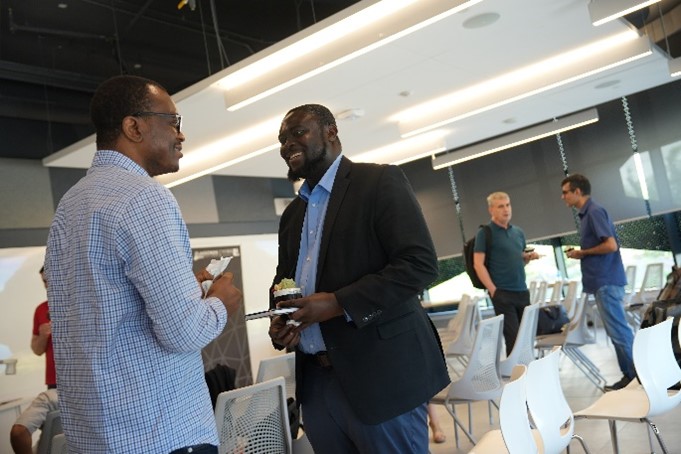 Professors Solomon Boakye-Yiadom and Kiemute Oyibo socializing at the Lassonde Research Awards Celebration