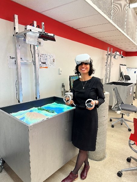 Professor Mojgan Jadidi testing the new package of Virtual Reality Sandbox Activities; a project that she is leading as part of the PAN-Lassonde Academic Innovation Fund on Augmented/Virtual Reality – XR Sandbox Development in Engineering Education.